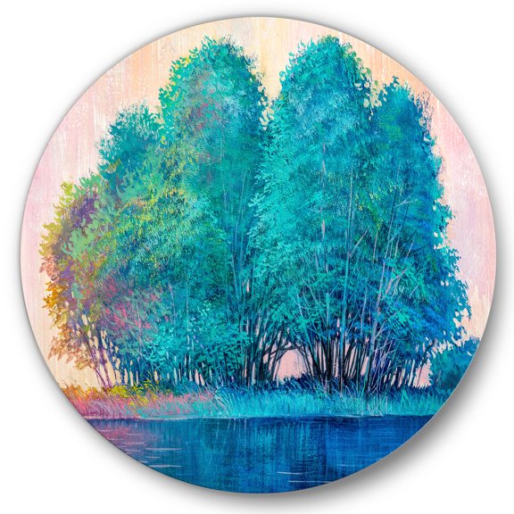 Designart 'Blue Coloured Tree Impression By Lakeside' Lake House Circle Metal Wall Art 23x23 - Disc of 23