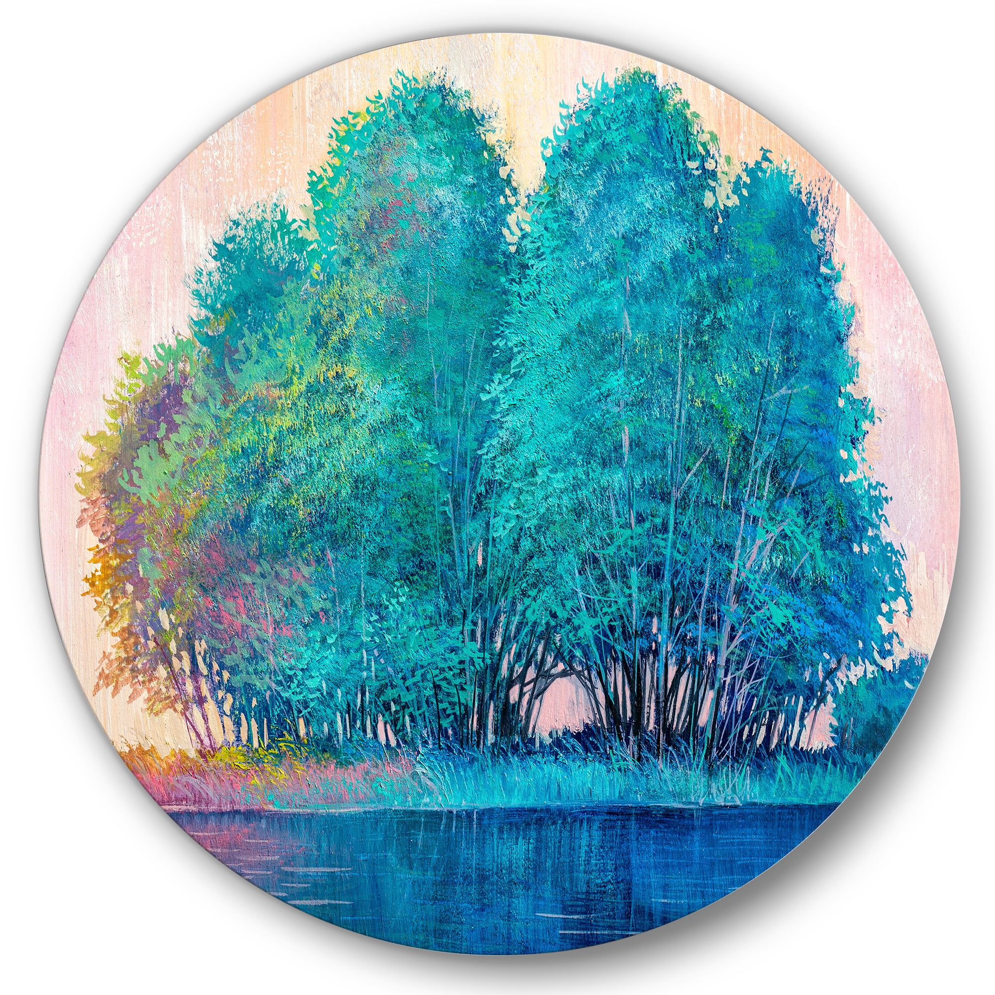 Designart 'Blue Coloured Tree Impression By Lakeside' Lake House Circle Metal Wall Art 29x29 - Disc of 29
