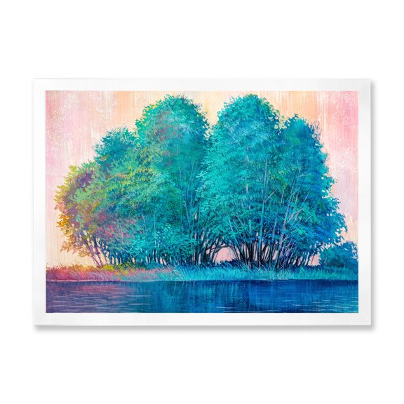 Designart 'Blue Coloured Tree Impression By Lakeside' Lake House Framed Art Print