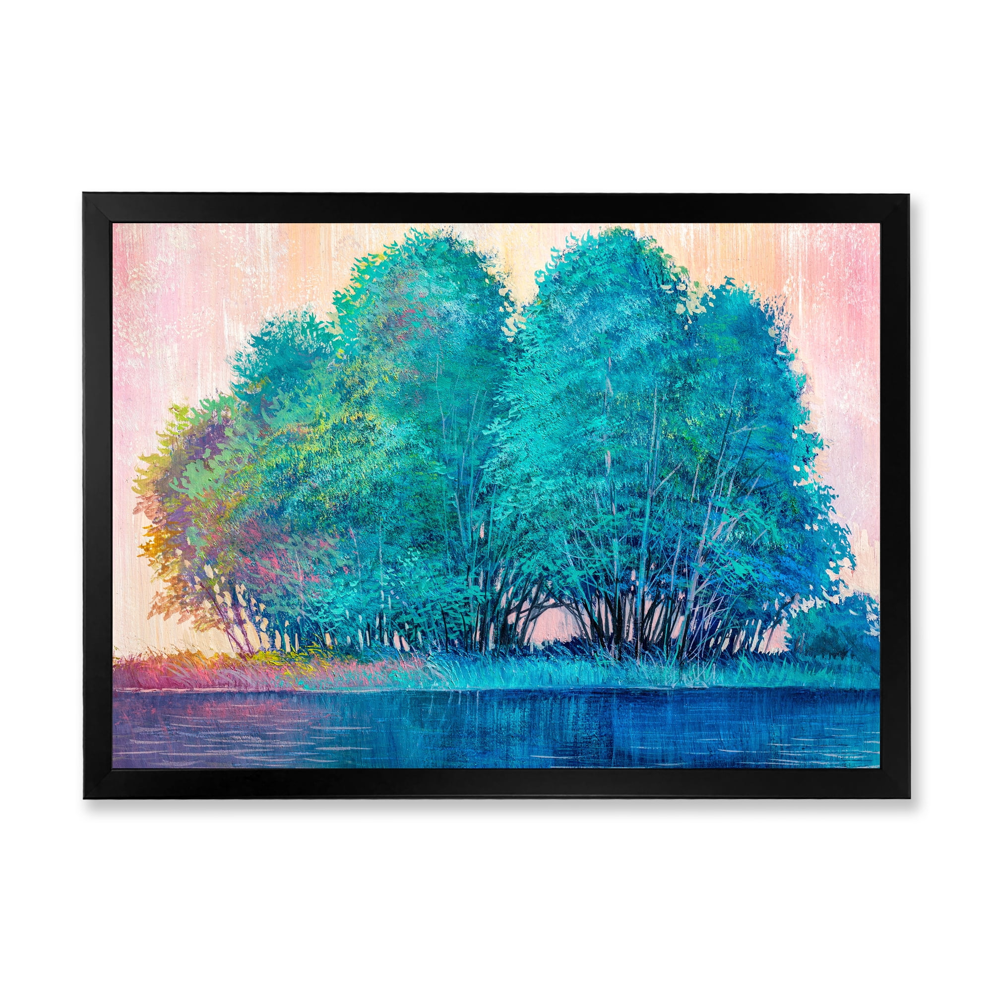 Designart 'Blue Coloured Tree Impression By Lakeside' Lake House Framed Art Print