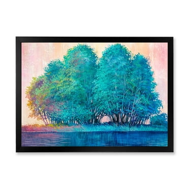Designart 'Blue Coloured Tree Impression By Lakeside' Lake House Framed Art Print