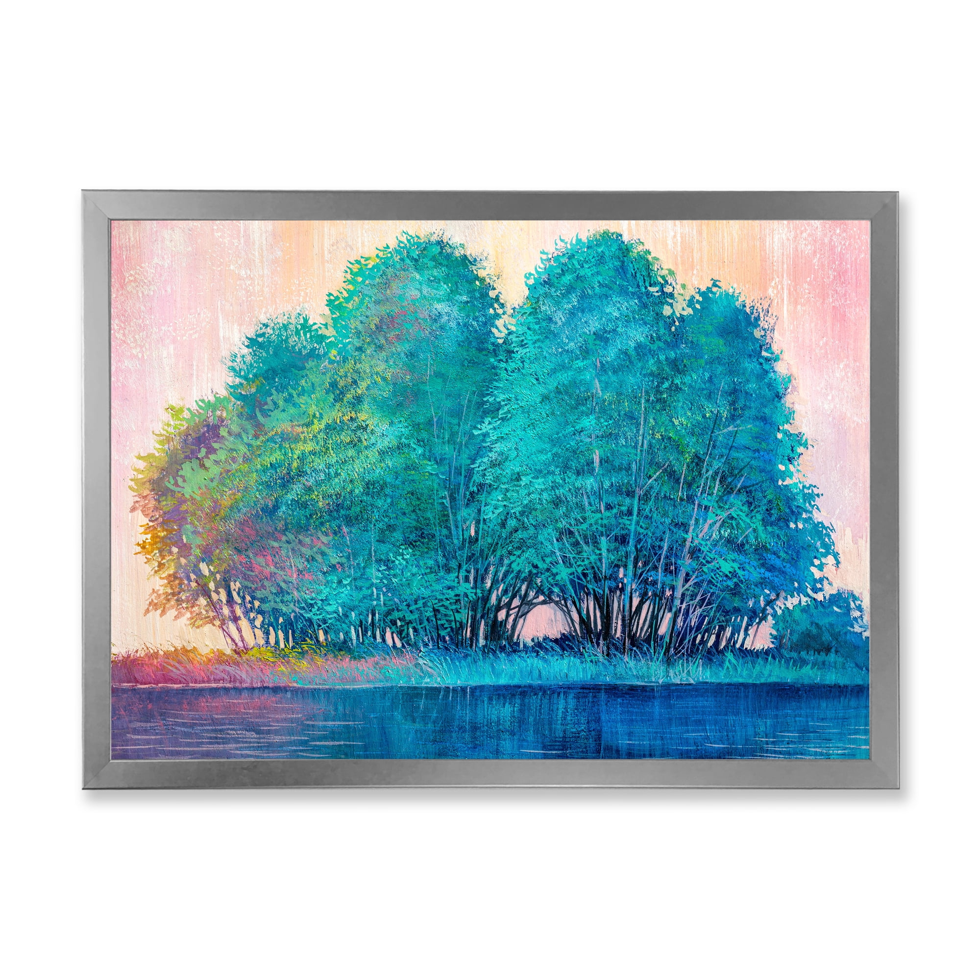 Designart 'Blue Coloured Tree Impression By Lakeside' Lake House Framed Art Print