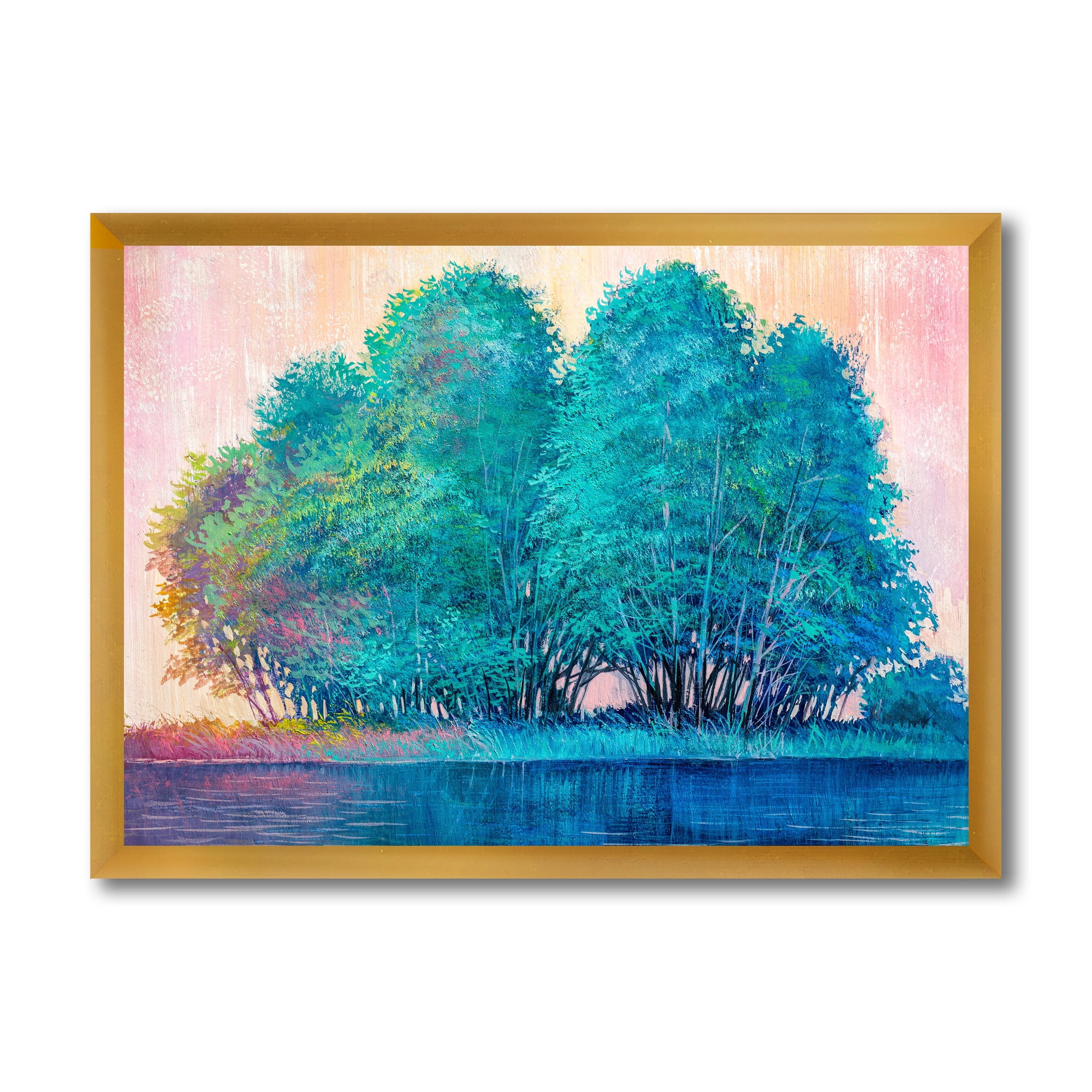 Designart 'Blue Coloured Tree Impression By Lakeside' Lake House Framed Art Print