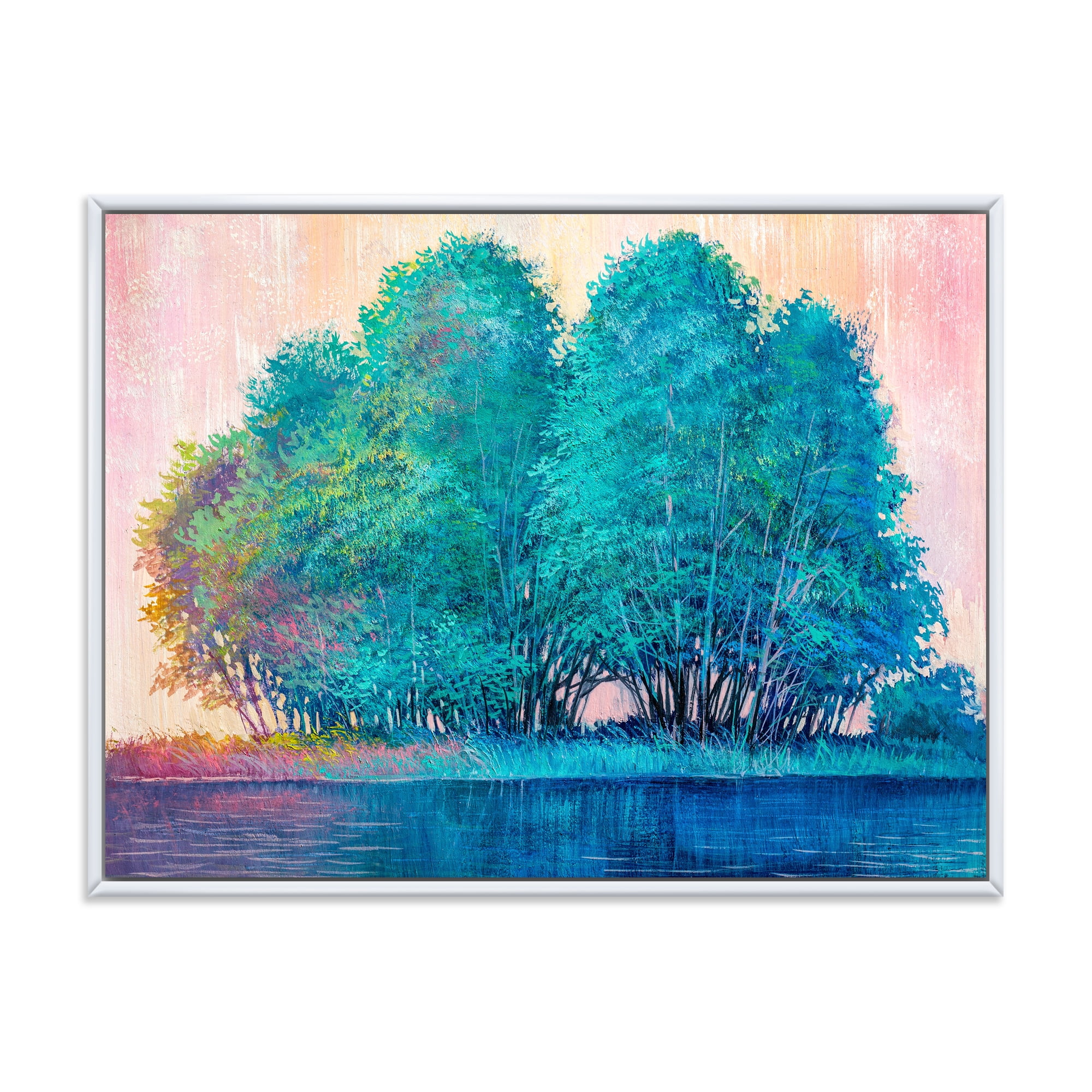 Designart 'Blue Coloured Tree Impression By Lakeside' Lake House Framed Canvas Wall Art Print