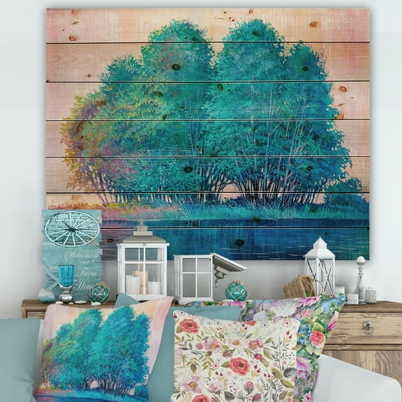 Designart 'Blue Coloured Tree Impression By Lakeside' Lake House Print on Natural Pine Wood