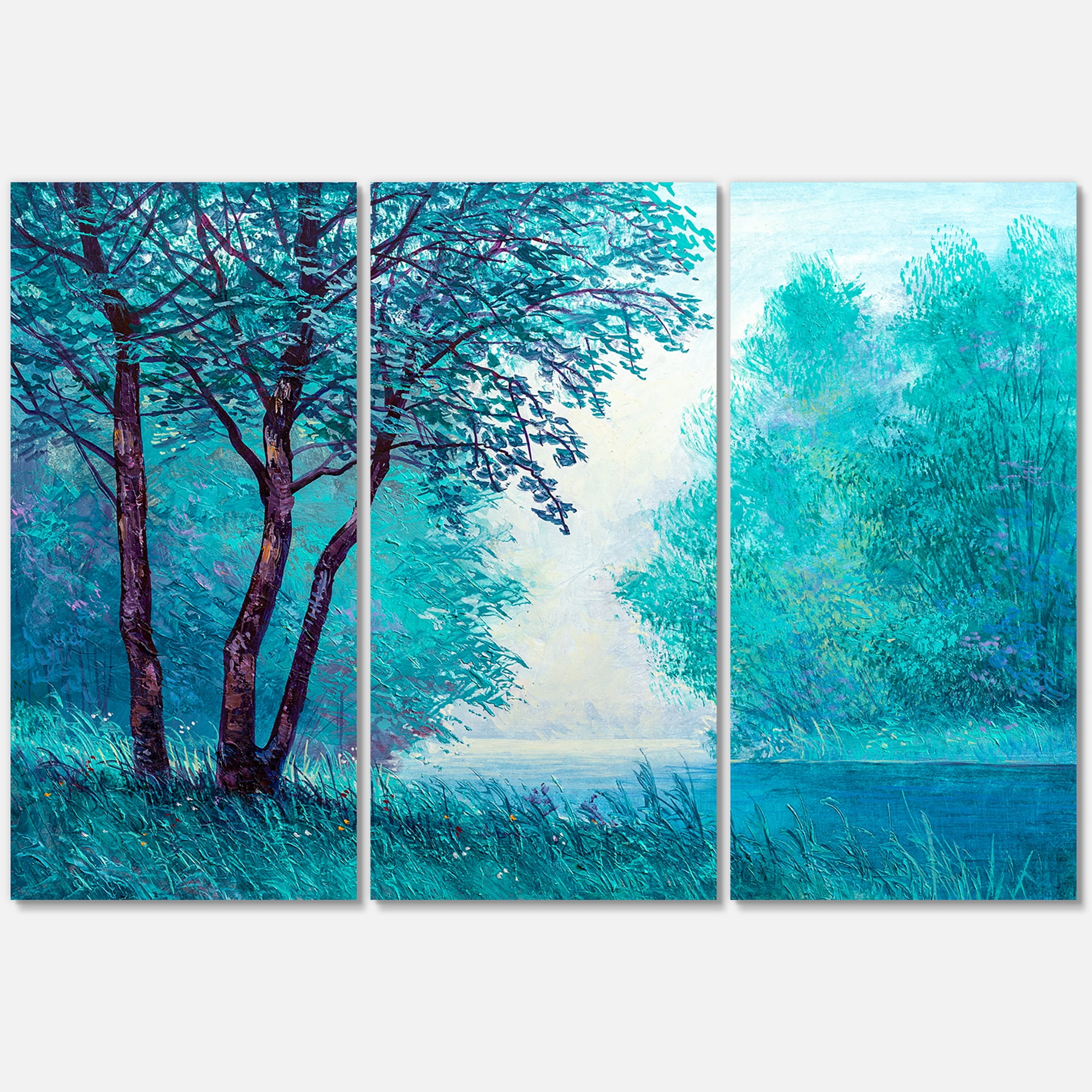 Designart ' Blue Coloured Tree Impression By Riverside ' Lake House Canvas Wall Art Print