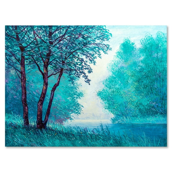 Designart ' Blue Coloured Tree Impression By Riverside ' Lake House Canvas Wall Art Print