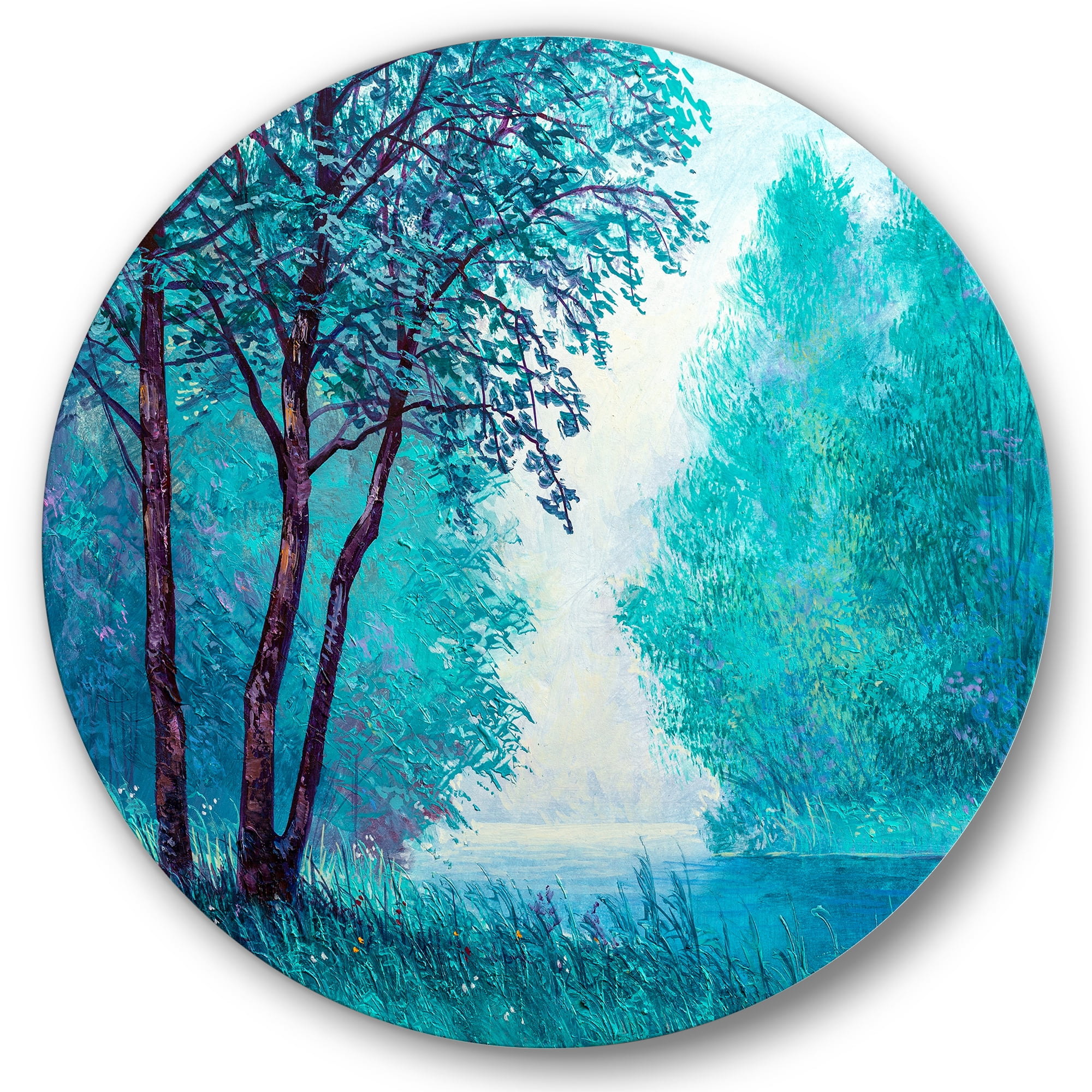 Designart 'Blue Coloured Tree Impression By Riverside' Lake House Circle Metal Wall Art 23x23 - Disc of 23