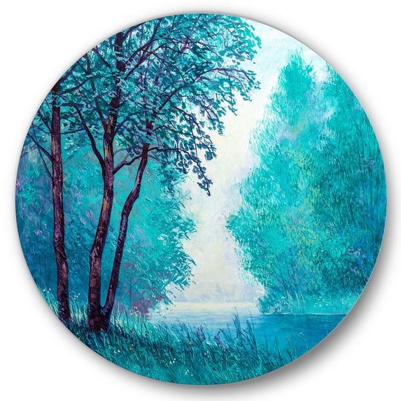 Designart 'Blue Coloured Tree Impression By Riverside' Lake House Circle Metal Wall Art 29x29 - Disc of 29