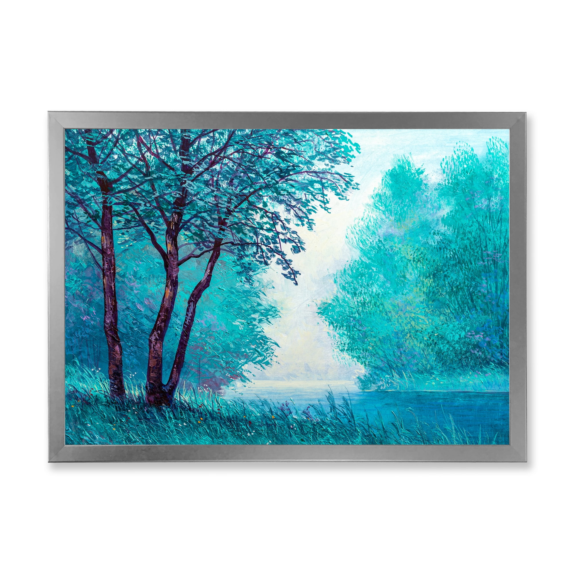 Designart 'Blue Coloured Tree Impression By Riverside' Lake House Framed Art Print