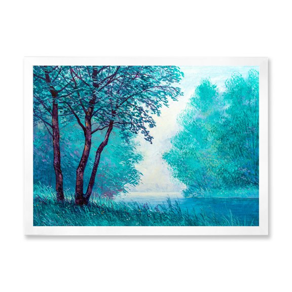 Designart 'Blue Coloured Tree Impression By Riverside' Lake House Framed Art Print