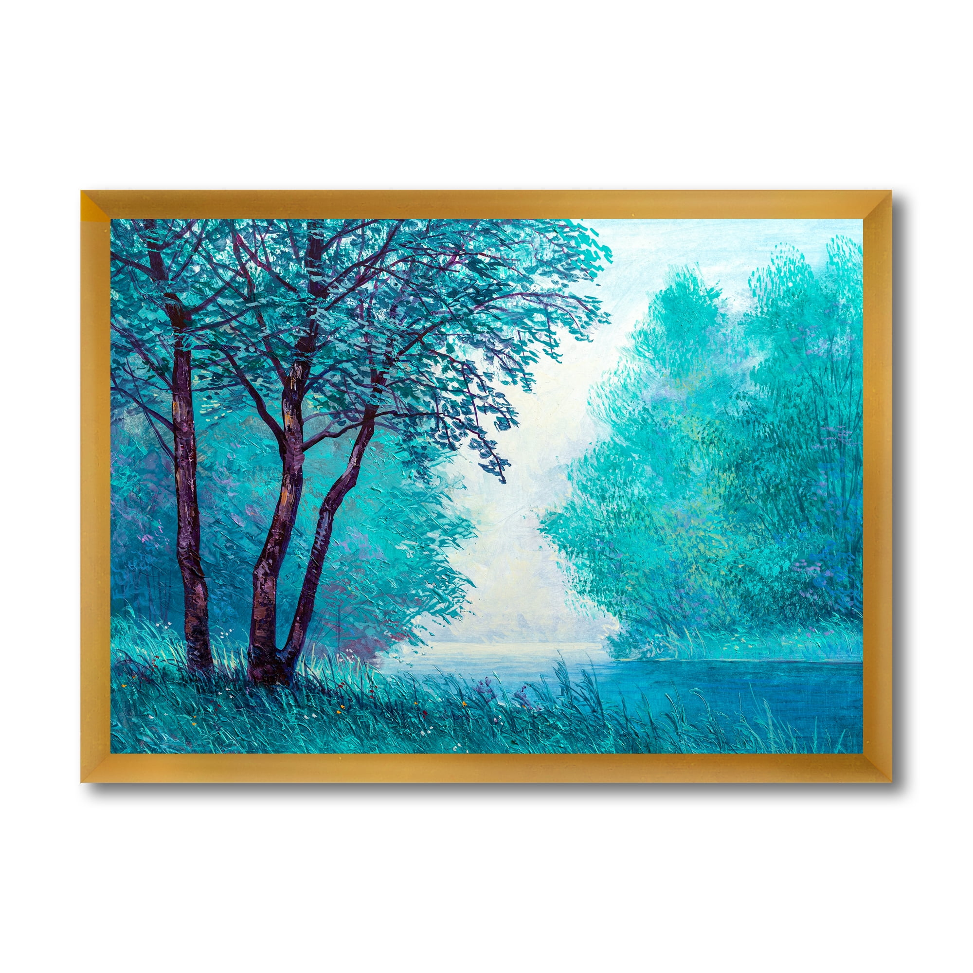 Designart 'Blue Coloured Tree Impression By Riverside' Lake House Framed Art Print