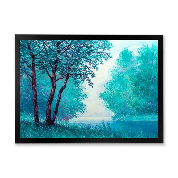 Designart 'Blue Coloured Tree Impression By Riverside' Lake House Framed Art Print
