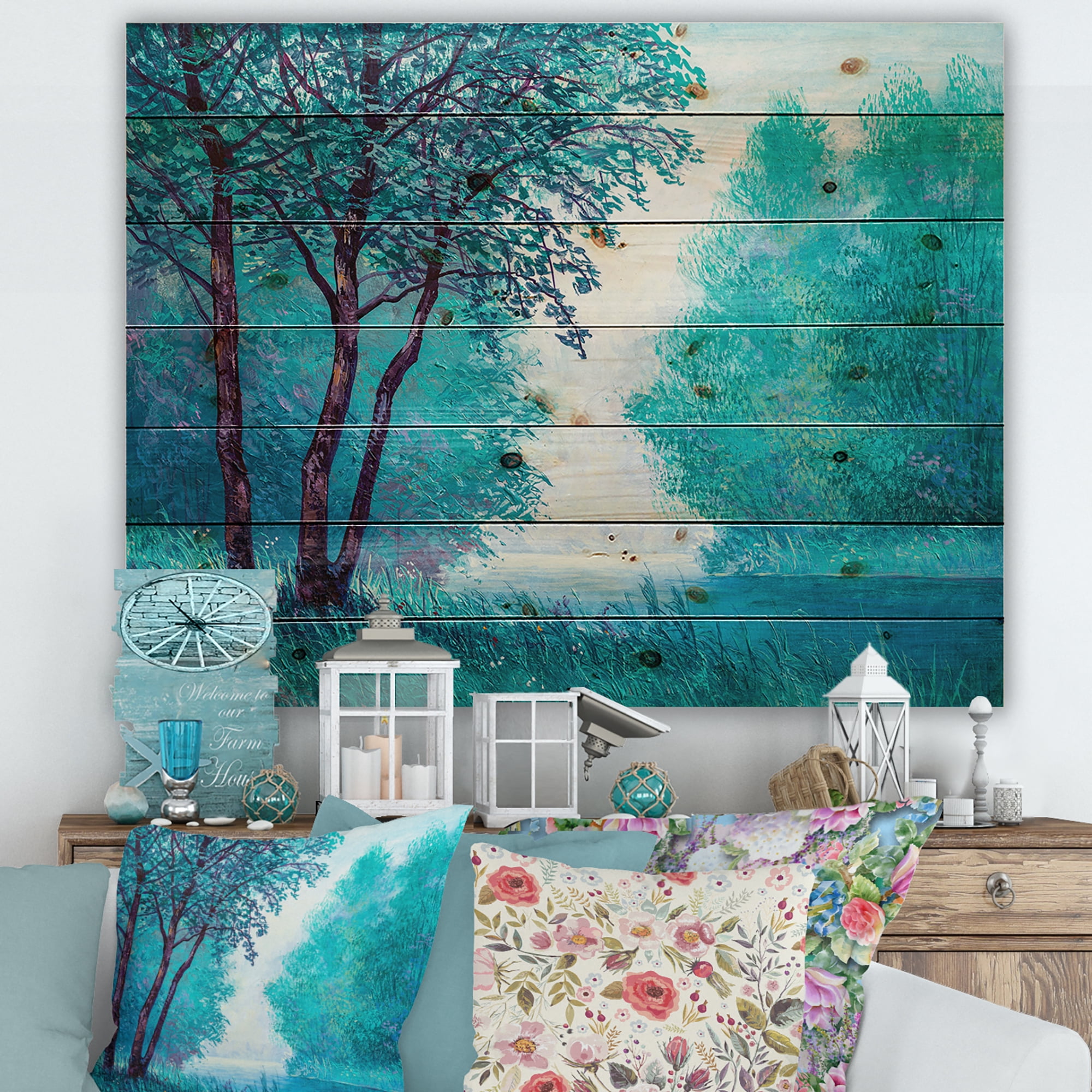 Designart 'Blue Coloured Tree Impression By Riverside' Lake House Print on Natural Pine Wood