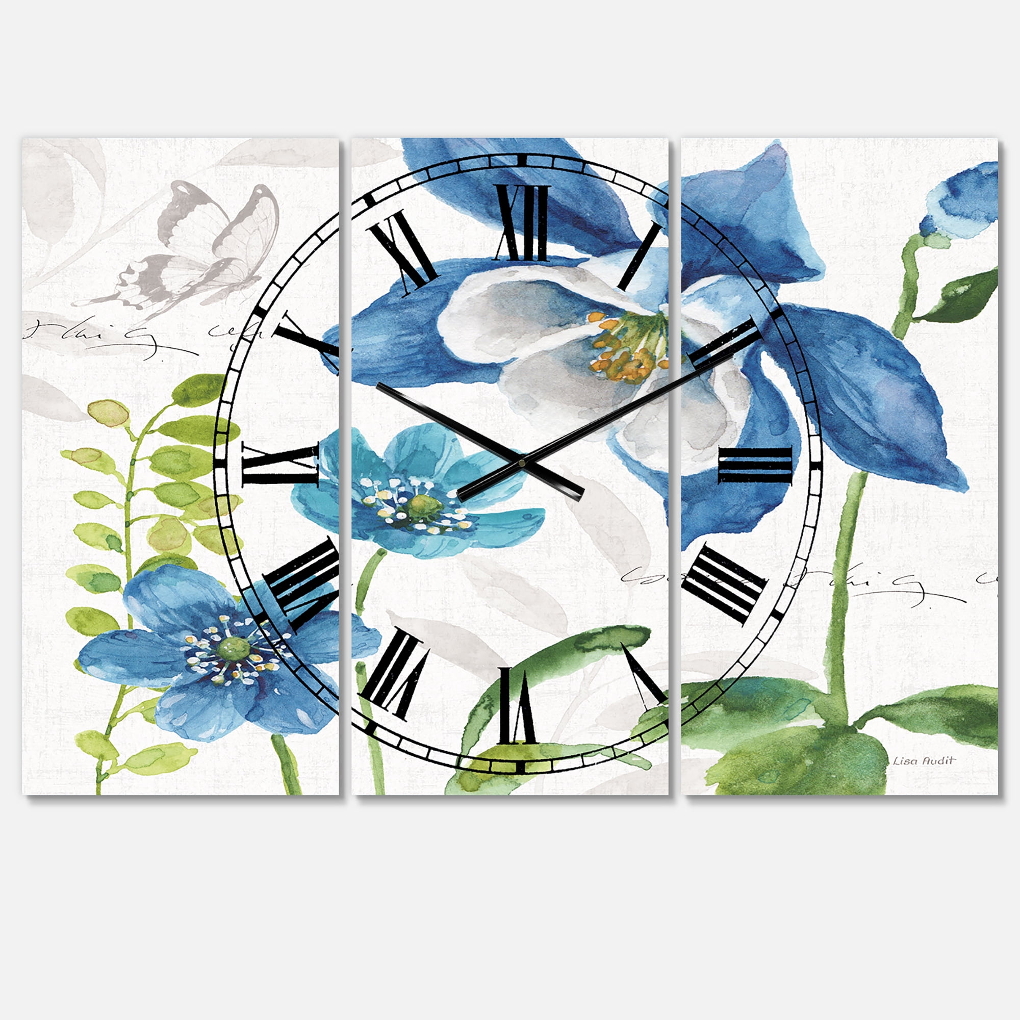 Designart 'Blue Columbine Flowers With Butterfly' Traditional Wall Clock