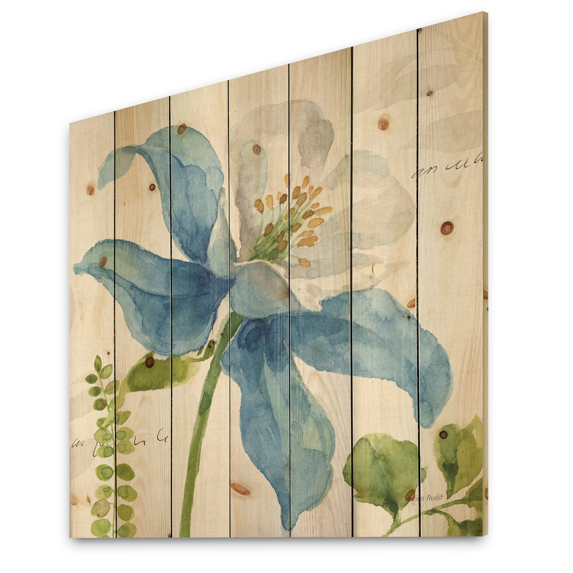 Designart Blue Columbine Wild Flower with Ferns Cabin & Lodge Print on Natural Pine Wood Art Print, 16" x 16"