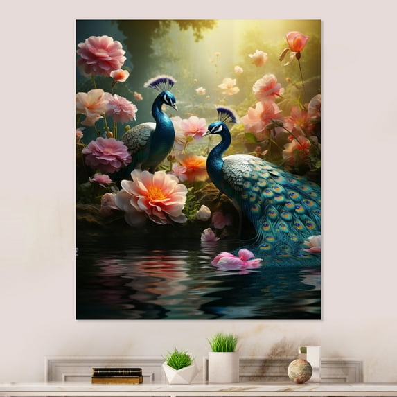 Designart "Blue Coral Indian Art Dancing Peacocks" Indian Art Metal Wall Art Prints