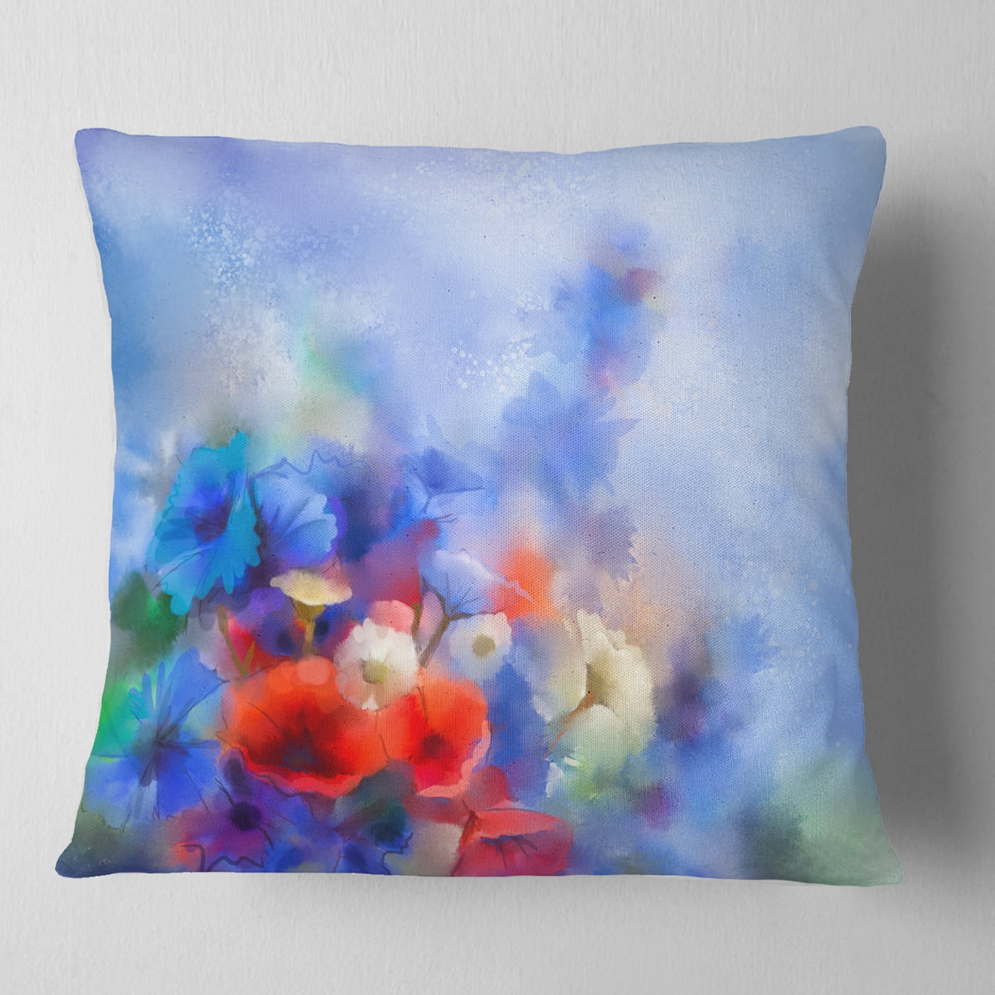 Designart Blue Corn Flowers and Red Poppies - Floral Throw Pillow - 18x18