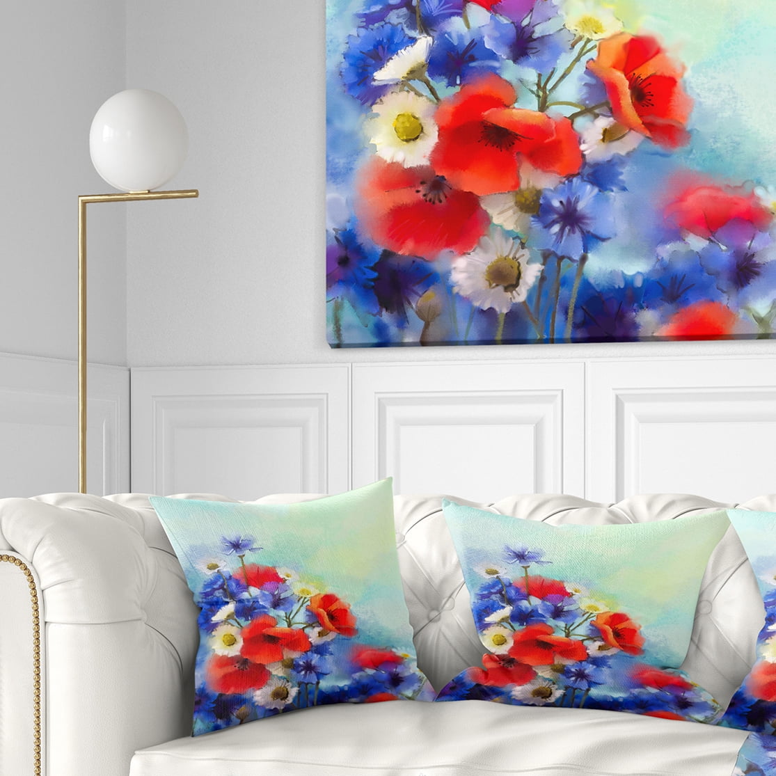 Designart Blue Cornflower and White Daisy - Floral Throw Pillow - 16x16