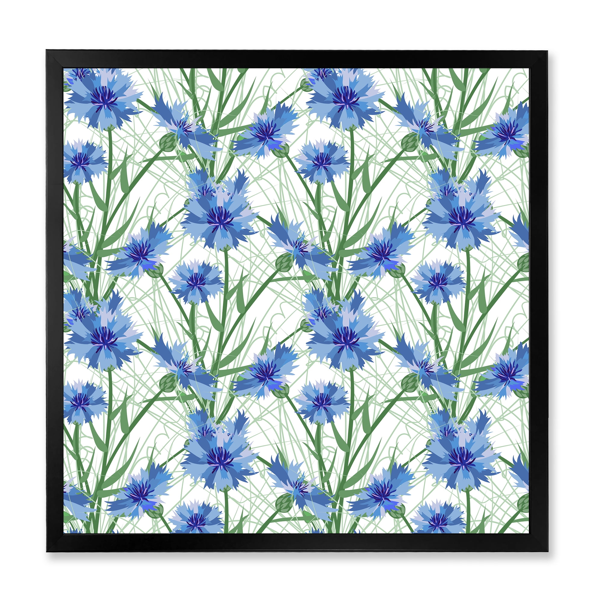 Designart 'Blue Cornflowers With Green Leaves On White I' Traditional Framed Art Print