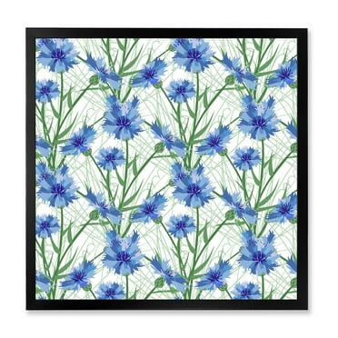 Designart 'Blue Cornflowers With Green Leaves On White I' Traditional Framed Art Print
