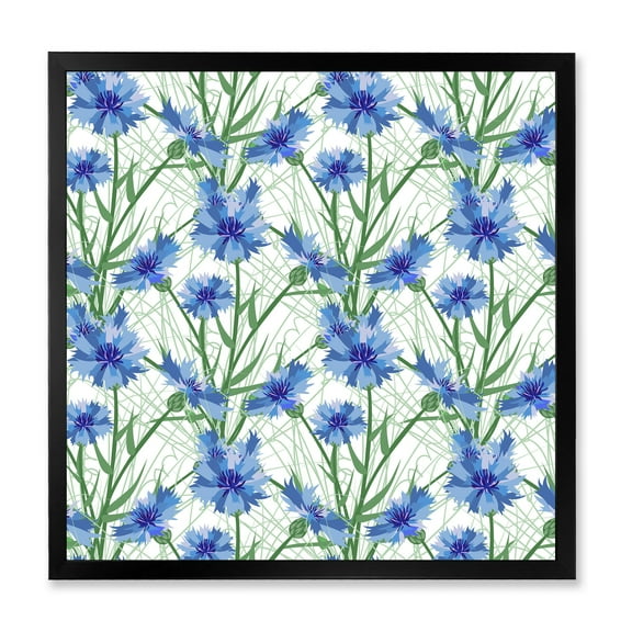 Designart 'Blue Cornflowers With Green Leaves On White I' Traditional Framed Art Print