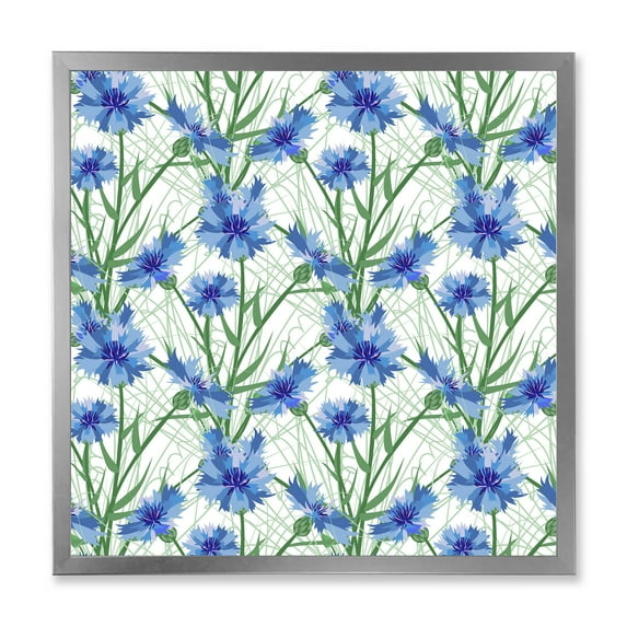 Designart 'Blue Cornflowers With Green Leaves On White I' Traditional Framed Art Print