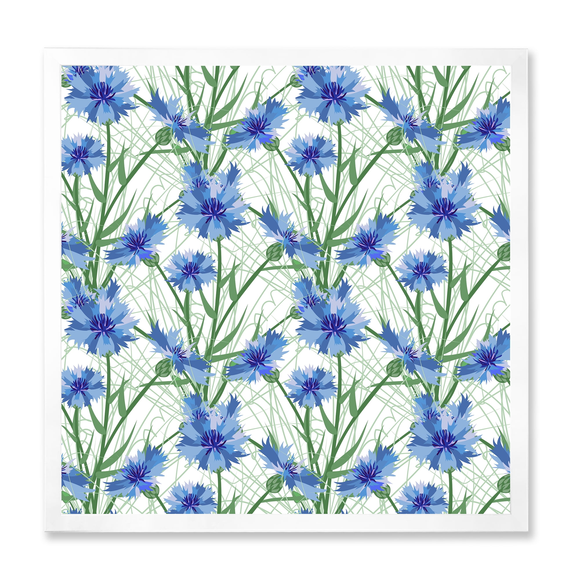 Designart 'Blue Cornflowers With Green Leaves On White I' Traditional Framed Art Print