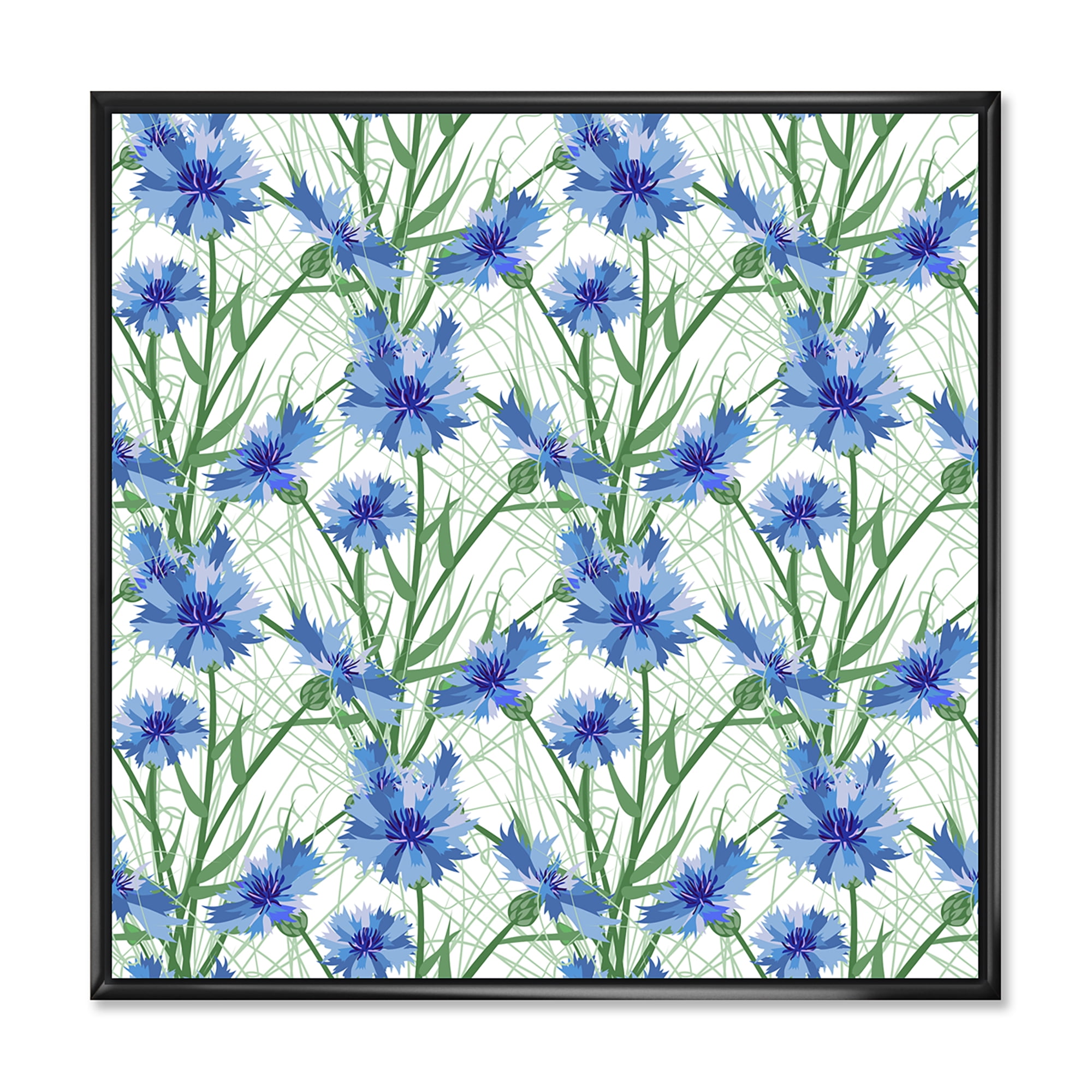 Designart 'Blue Cornflowers With Green Leaves On White I' Traditional Framed Canvas Wall Art Print