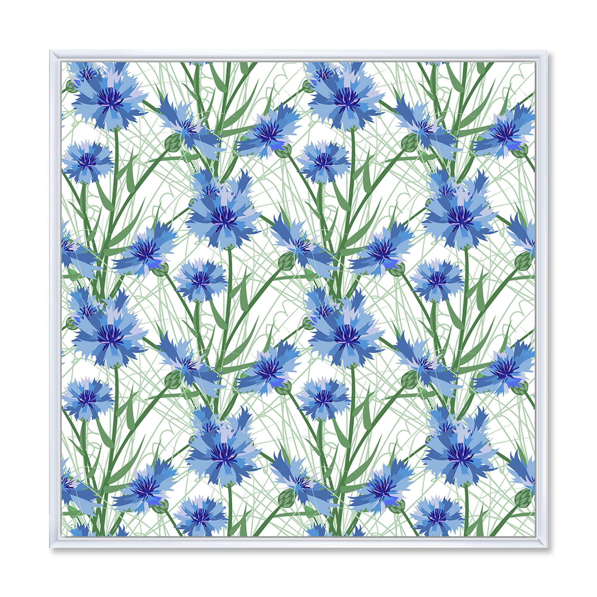 Designart 'Blue Cornflowers With Green Leaves On White I' Traditional Framed Canvas Wall Art Print