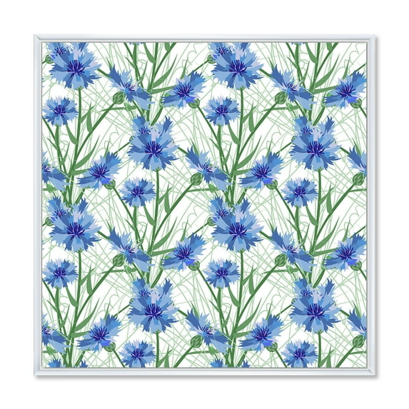 Designart 'Blue Cornflowers With Green Leaves On White I' Traditional Framed Canvas Wall Art Print