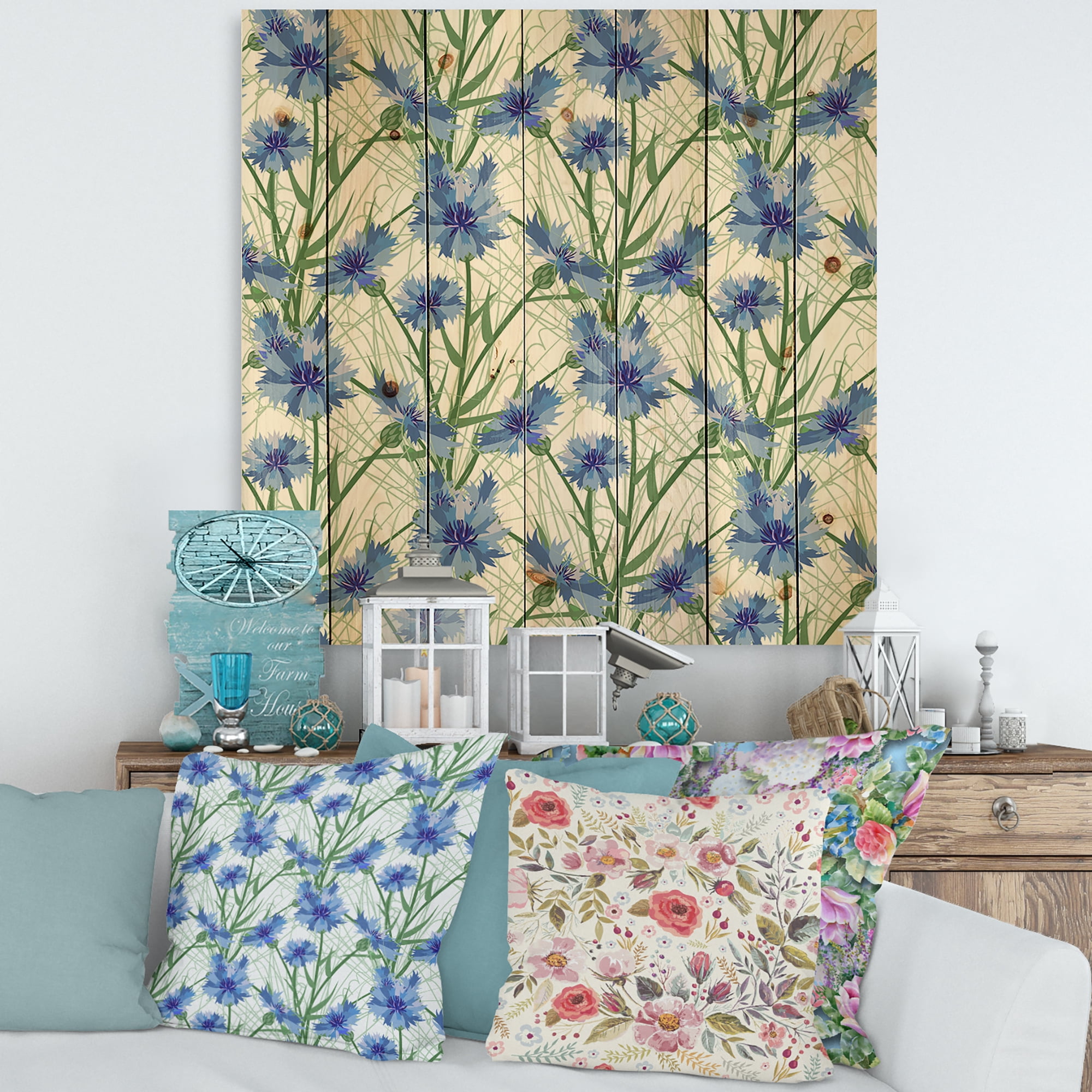 Designart 'Blue Cornflowers With Green Leaves On White I' Traditional Print on Natural Pine Wood