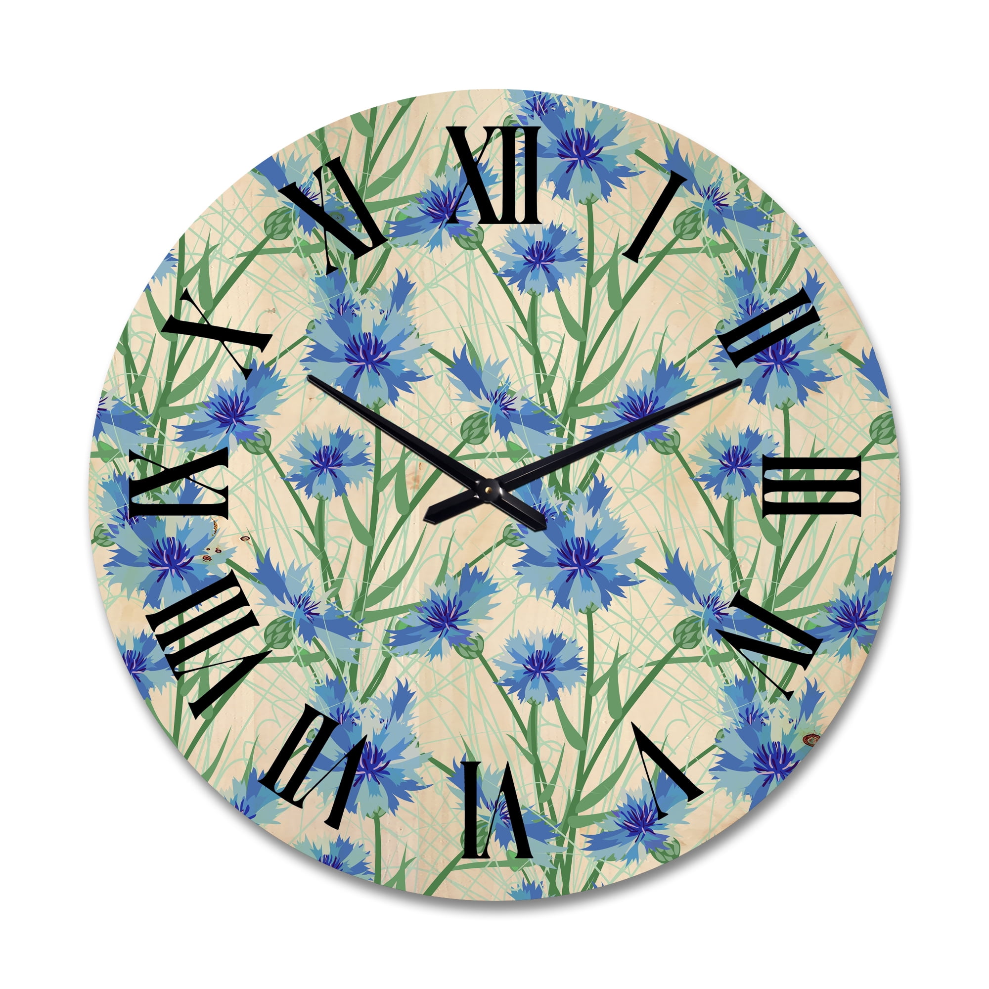 Designart 'Blue Cornflowers With Green Leaves On White I' Traditional Wood Wall Clock