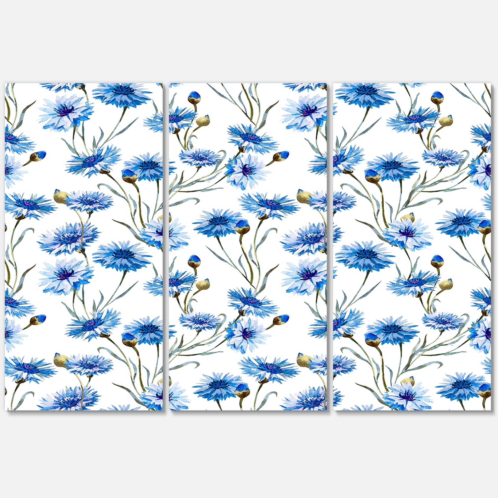Designart ' Blue Cornflowers With Green Leaves On White II ' Traditional Canvas Wall Art Print