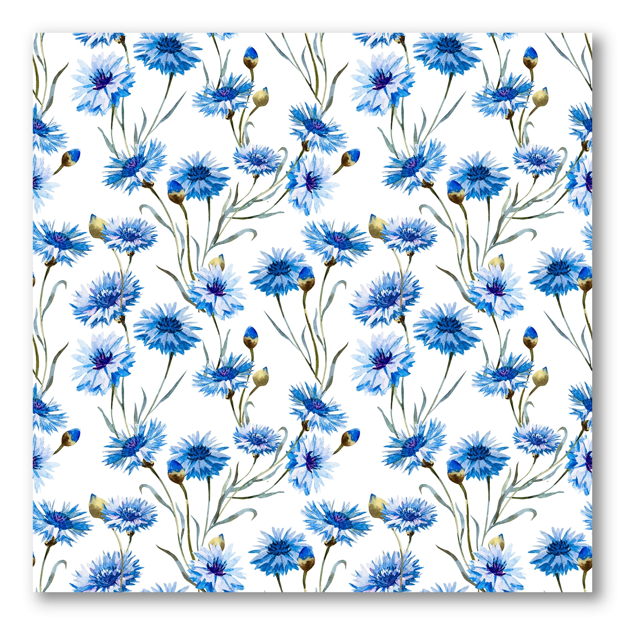 Designart ' Blue Cornflowers With Green Leaves On White II ' Traditional Canvas Wall Art Print
