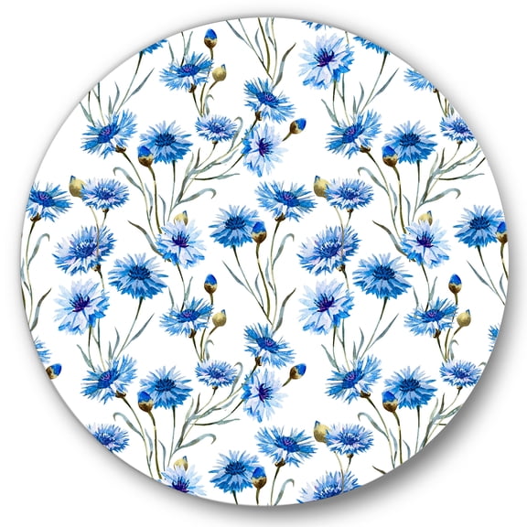 Designart 'Blue Cornflowers With Green Leaves On White II' Traditional Circle Metal Wall Art 11x11 - Disc of 11