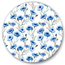 Designart 'Blue Cornflowers With Green Leaves On White II' Traditional Circle Metal Wall Art 36x36 - Disc of 36
