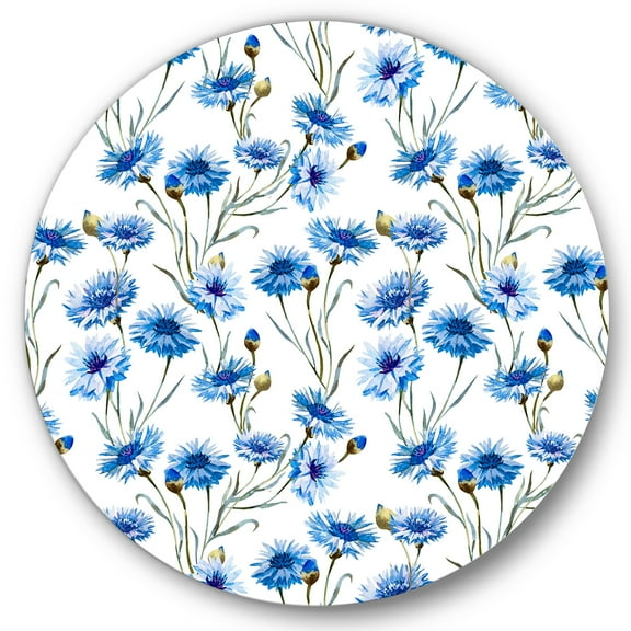 Designart 'Blue Cornflowers With Green Leaves On White II' Traditional Circle Metal Wall Art 36x36 - Disc of 36