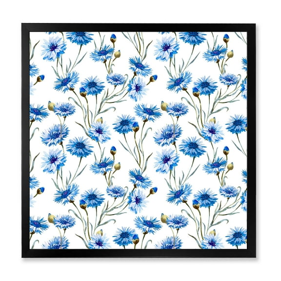 Designart 'Blue Cornflowers With Green Leaves On White II' Traditional Framed Art Print