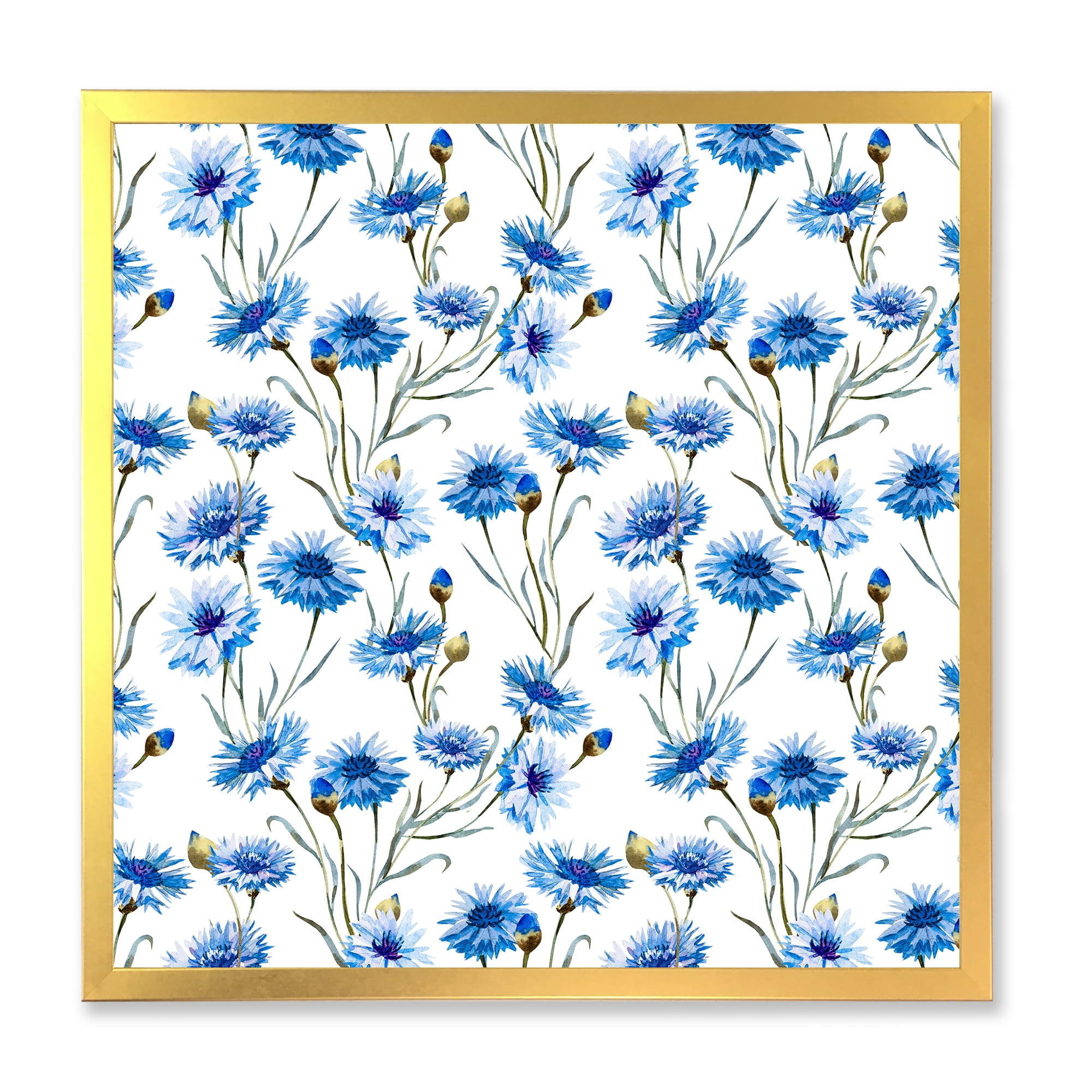 Designart 'Blue Cornflowers With Green Leaves On White II' Traditional Framed Art Print