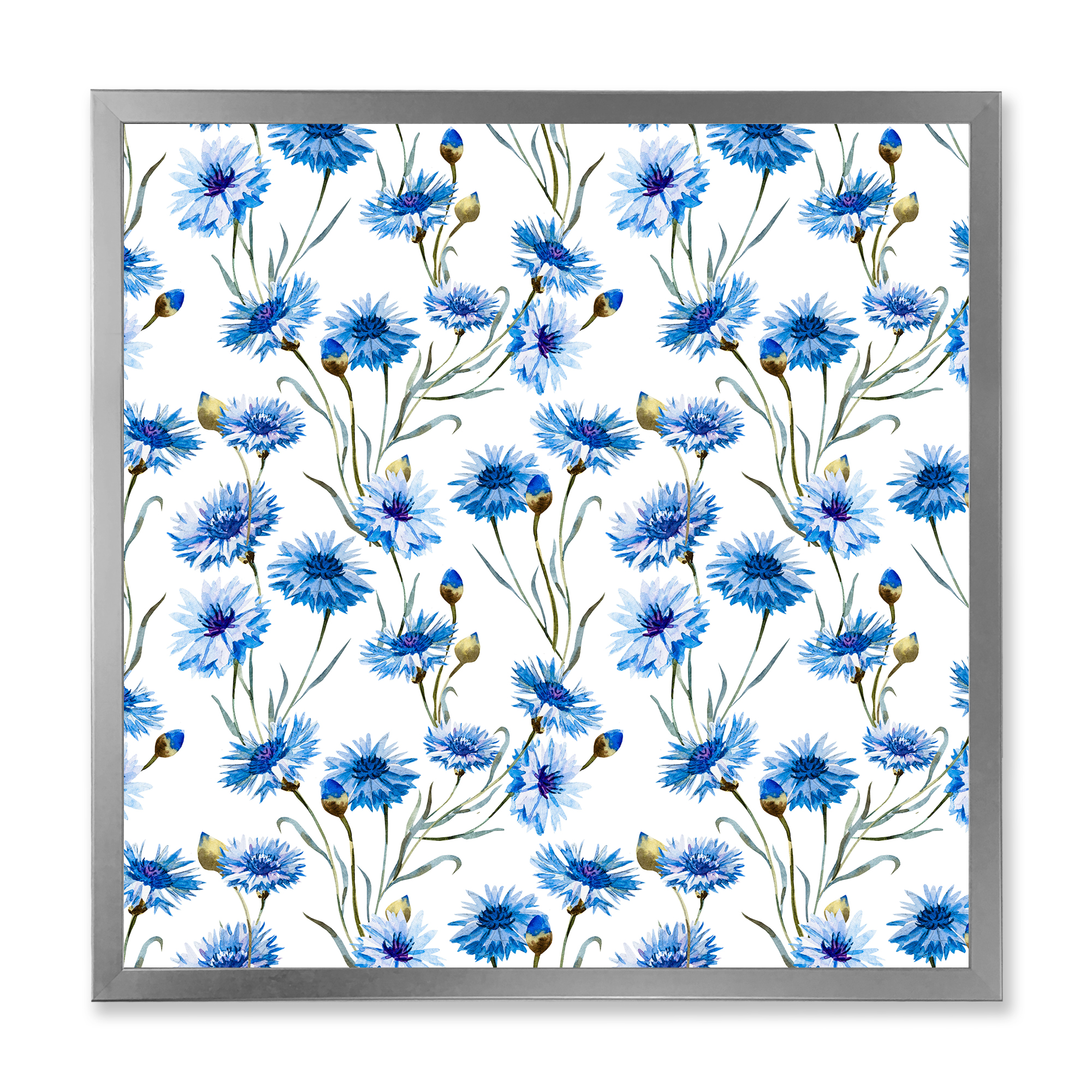 Designart 'Blue Cornflowers With Green Leaves On White II' Traditional Framed Art Print