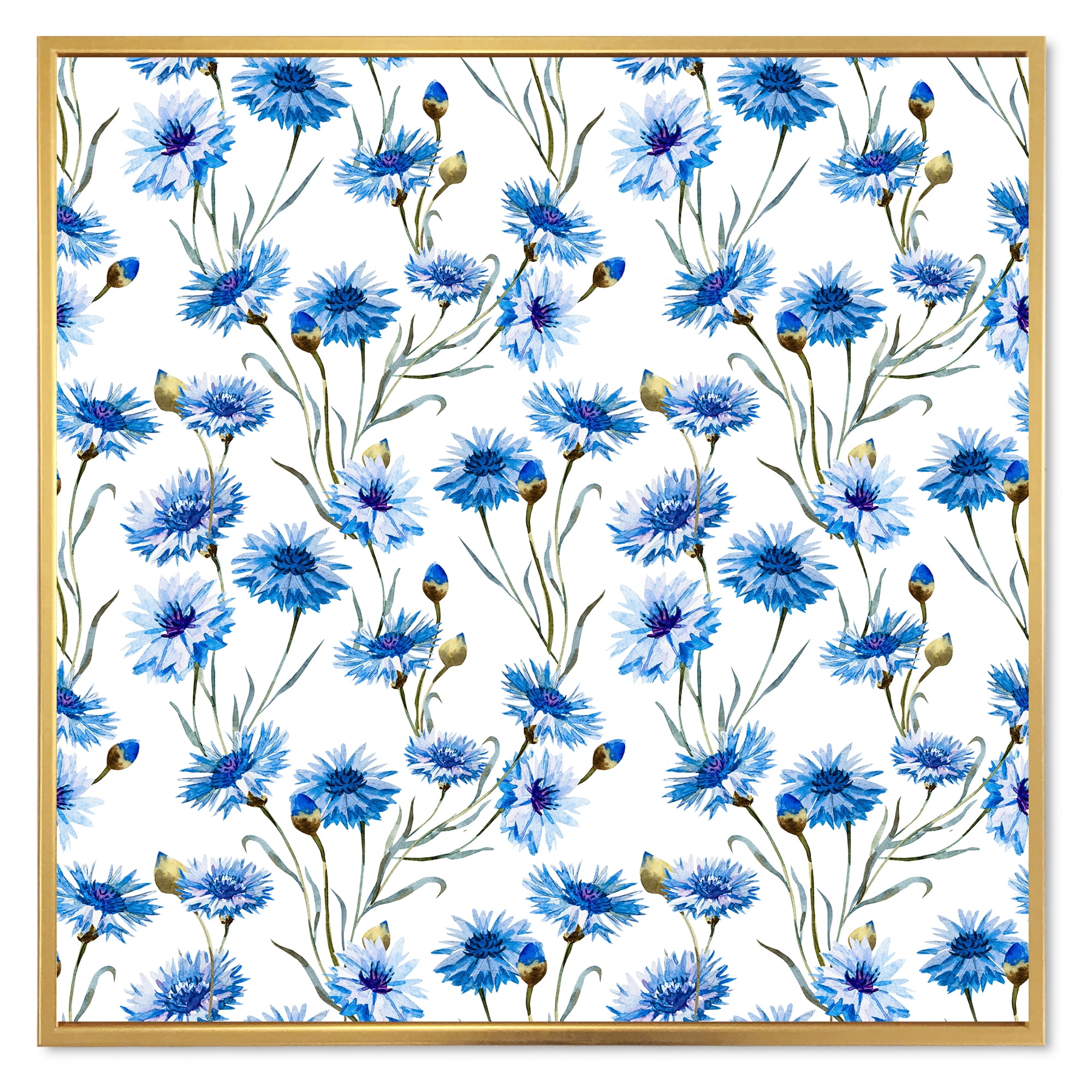 Designart 'Blue Cornflowers With Green Leaves On White II' Traditional Framed Canvas Wall Art Print