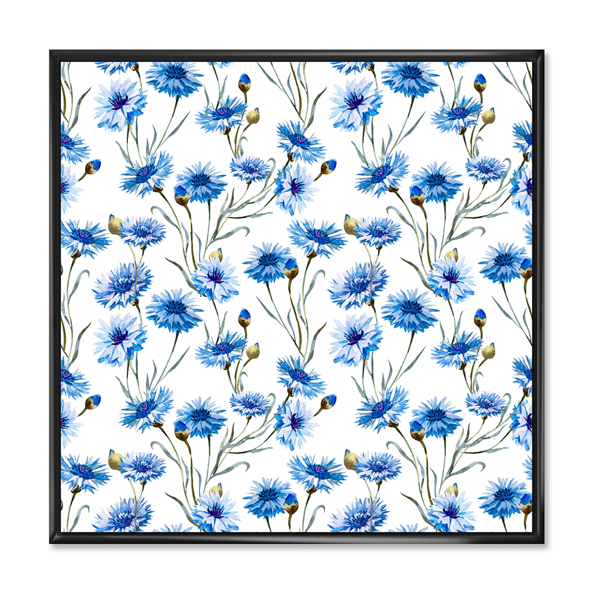 Designart 'Blue Cornflowers With Green Leaves On White II' Traditional Framed Canvas Wall Art Print