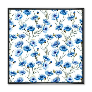 Designart 'Blue Cornflowers With Green Leaves On White II' Traditional Framed Canvas Wall Art Print