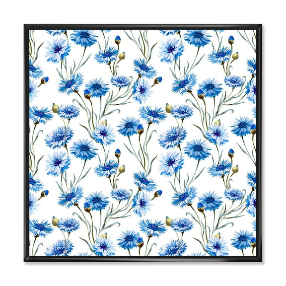 Designart 'Blue Cornflowers With Green Leaves On White II' Traditional Framed Canvas Wall Art Print