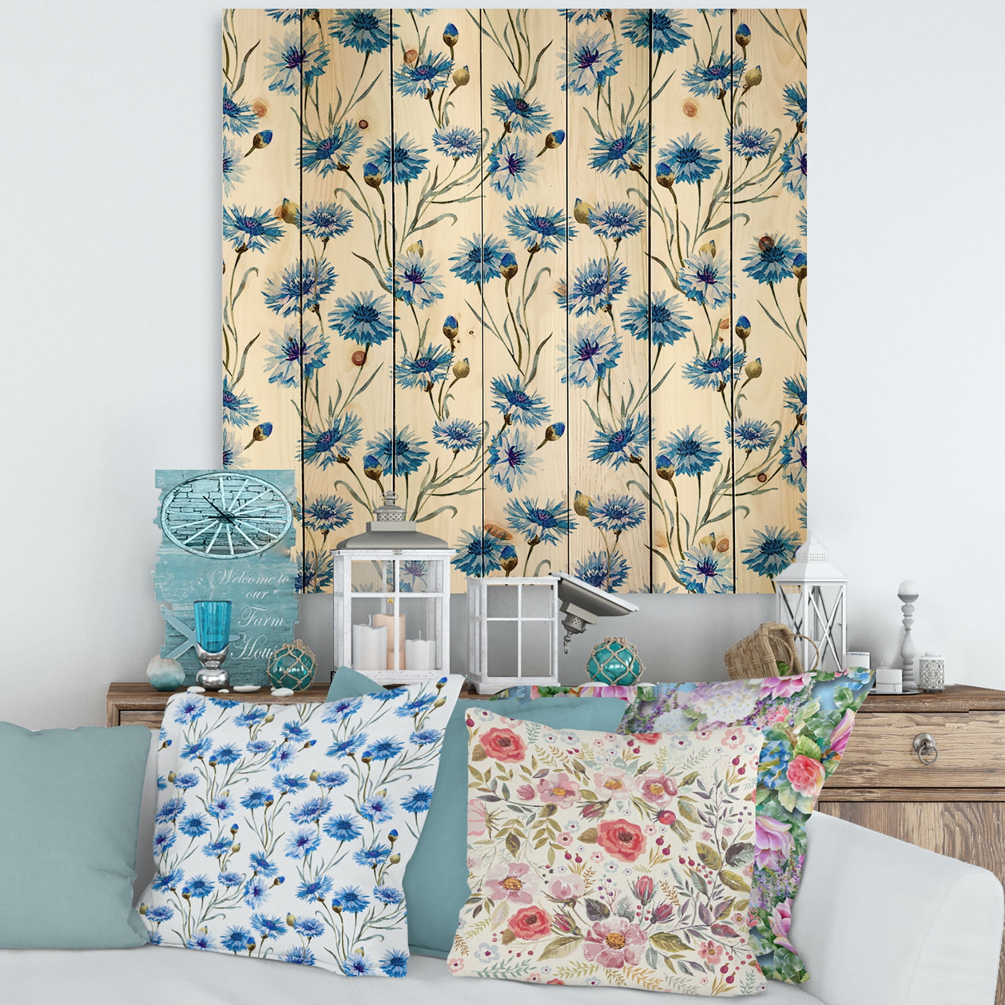 Designart 'Blue Cornflowers With Green Leaves On White II' Traditional Print on Natural Pine Wood