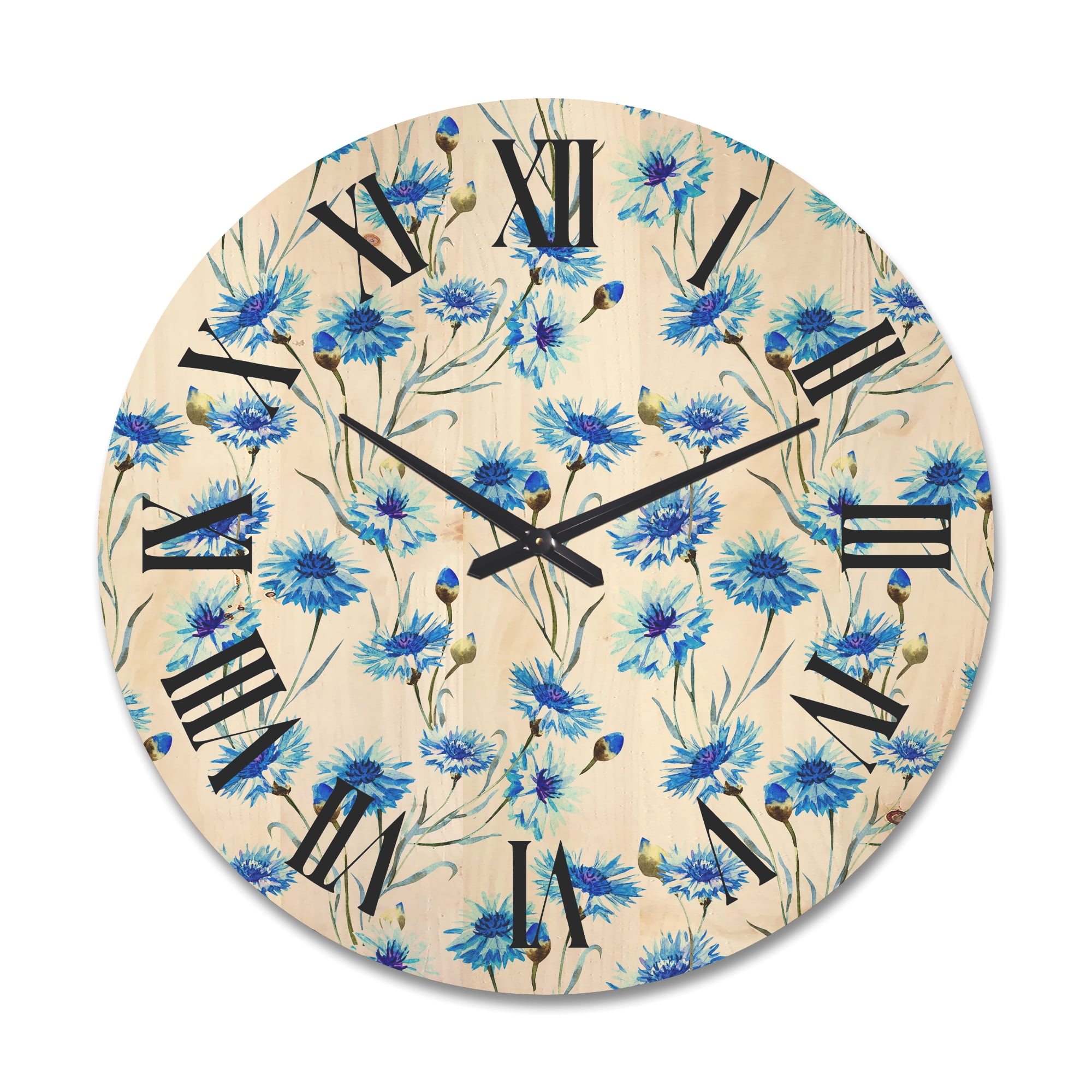 Designart 'Blue Cornflowers With Green Leaves On White II' Traditional Wood Wall Clock