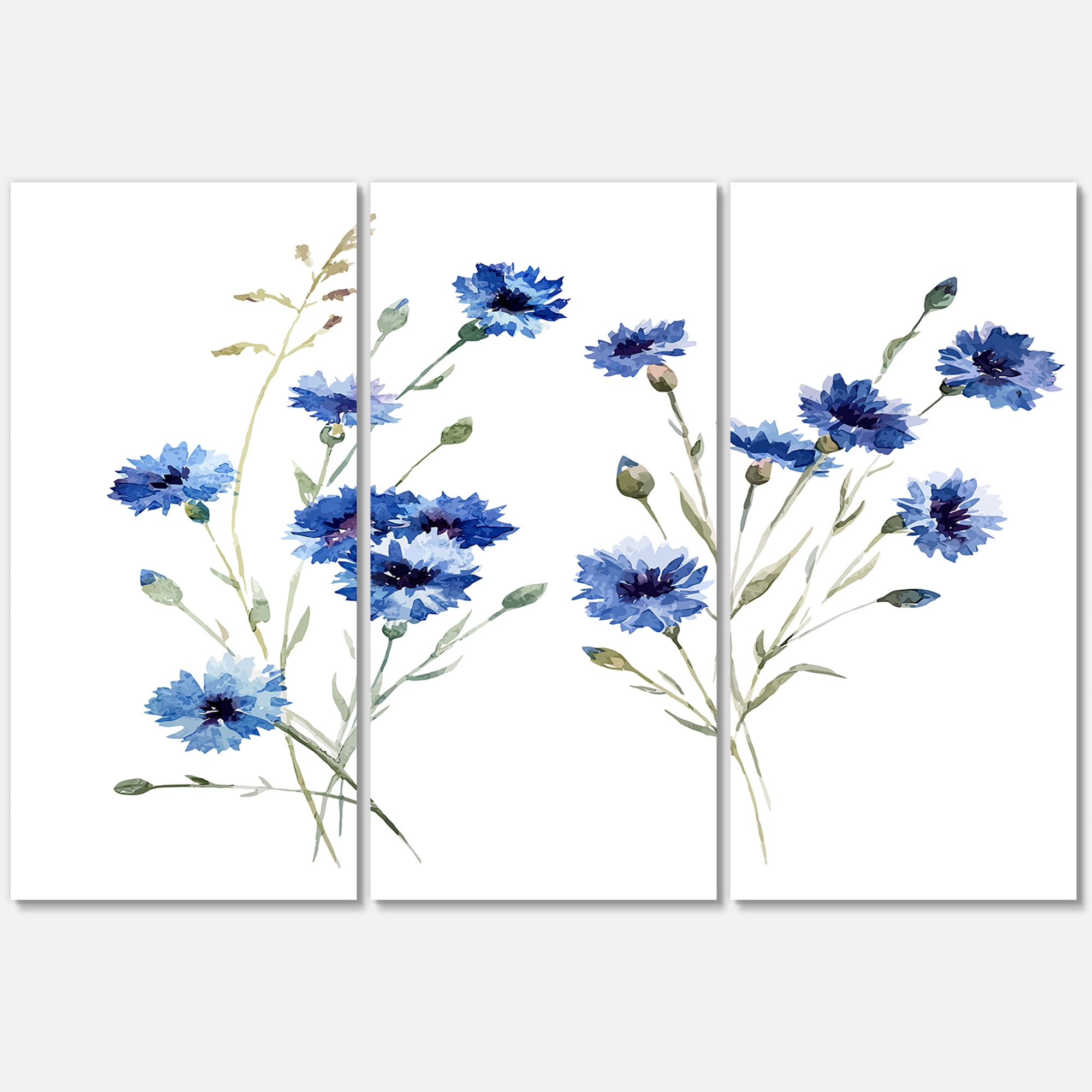 Designart ' Blue Cornflowers With Green Leaves On White III ' Traditional Canvas Wall Art Print