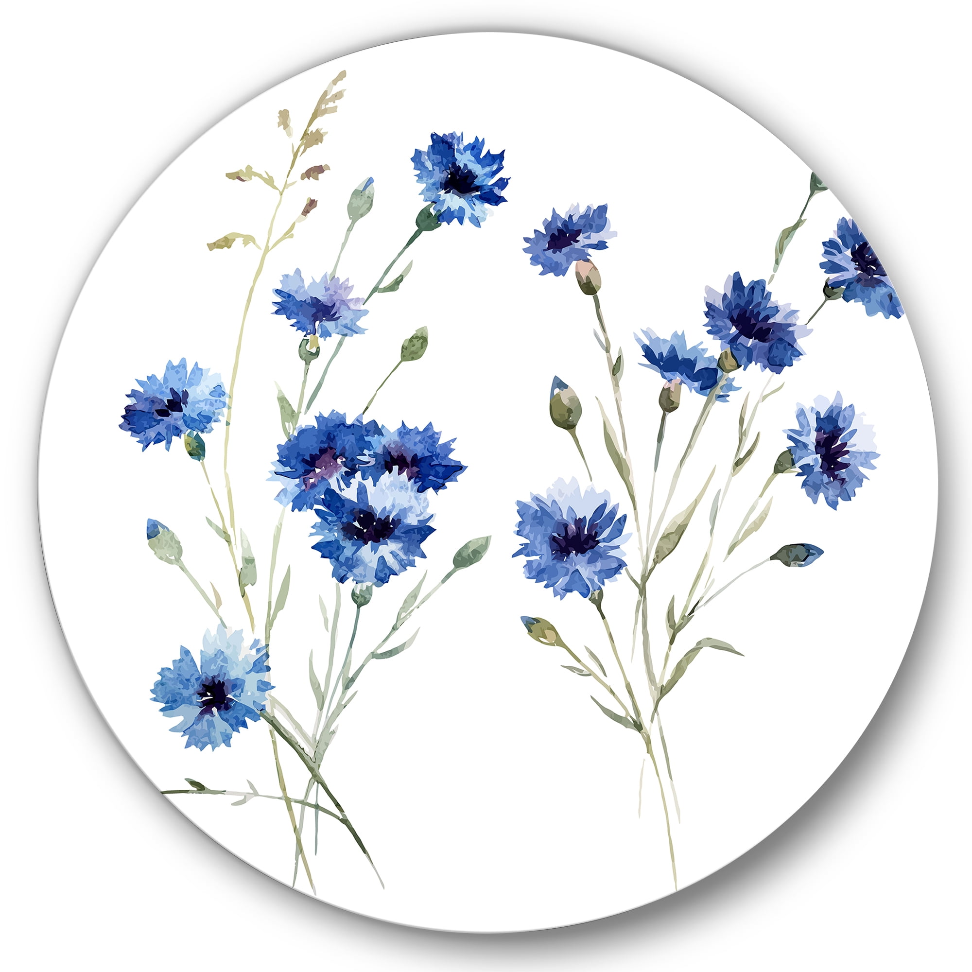 Designart 'Blue Cornflowers With Green Leaves On White III' Traditional Circle Metal Wall Art 29x29 - Disc of 29