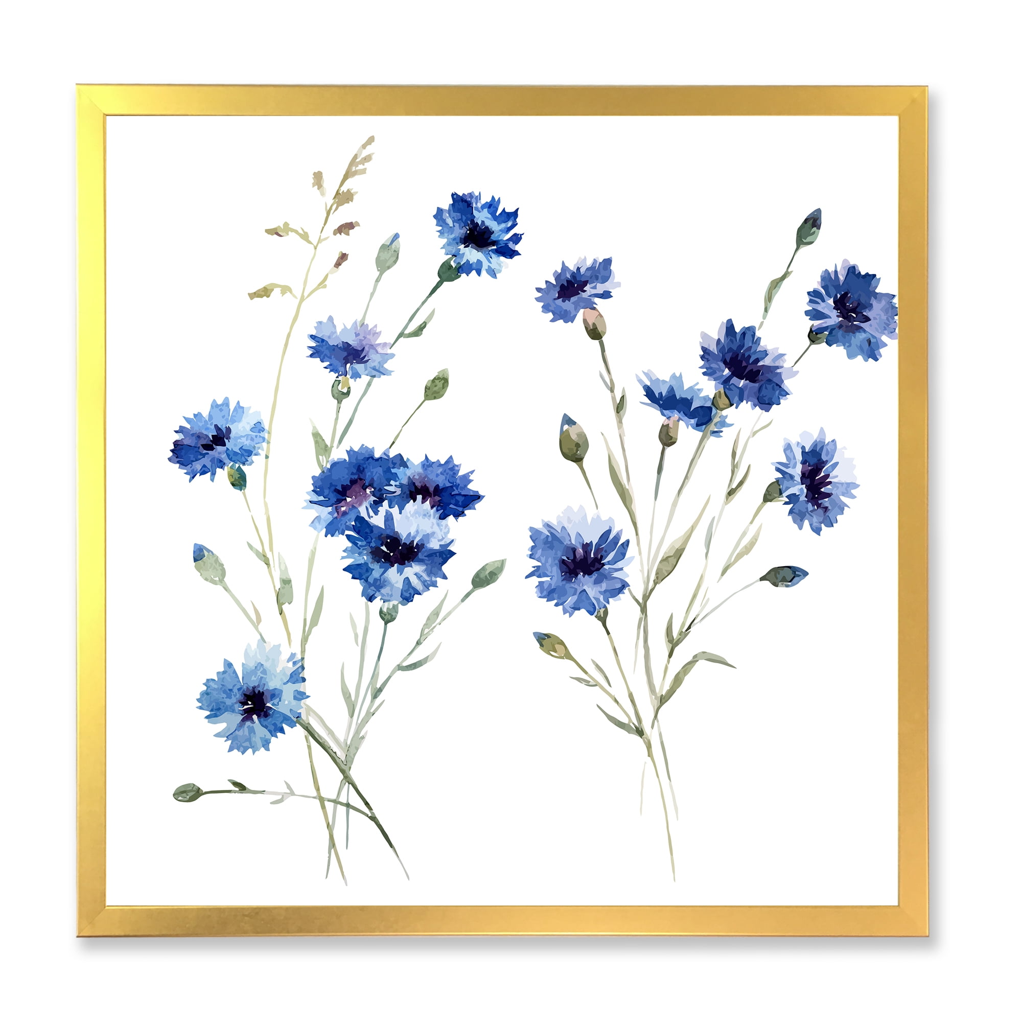 Designart 'Blue Cornflowers With Green Leaves On White III' Traditional Framed Art Print